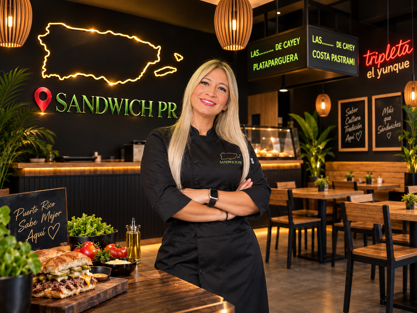 Interior del local de Sandwich PR con la chef y el mapa de Puerto Rico en neón